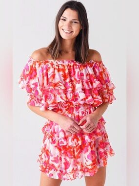 Misa Los Angeles Pink and Orange Floral Off-Shoulder Ruffle Mini Dress